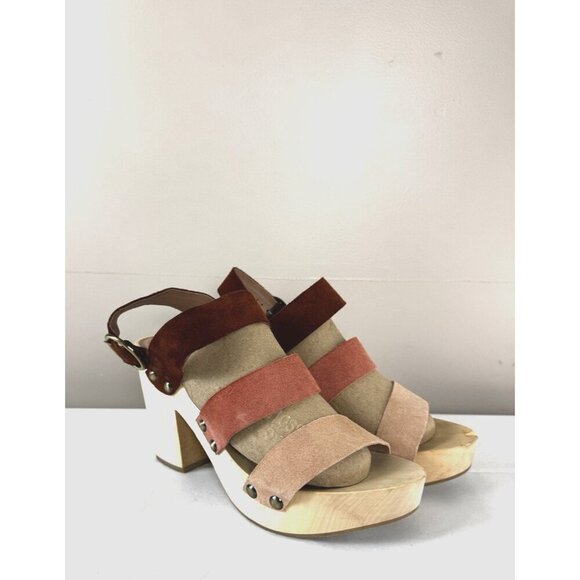 Retro Boho Chunky Platform Suede Leather 9.5 Sandals Pink Brown Wooden Heel - Picture 1 of 16